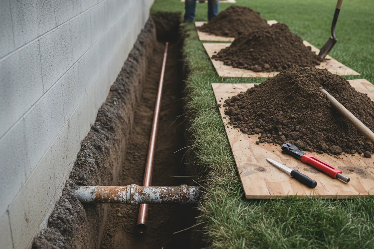 Excavated water line trench during Water Softener Installation in Karnak